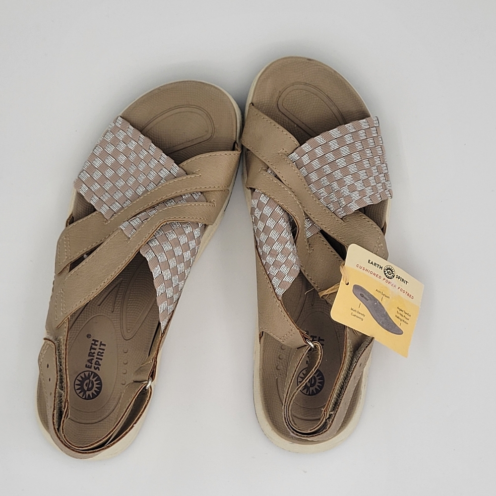 New Womens Earth Spirit Sandals Criss Cross Strap Woven Brown Silver sz 7. New